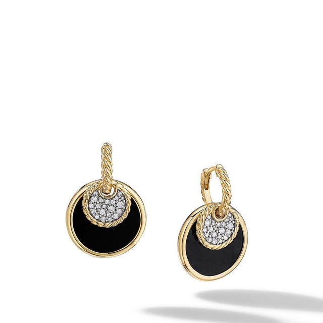 David Yurman DY Elements Drop Earrings in 18K Yellow Gold with Pave Diamonds and Black Onyx Reversible to Mother of Pearl