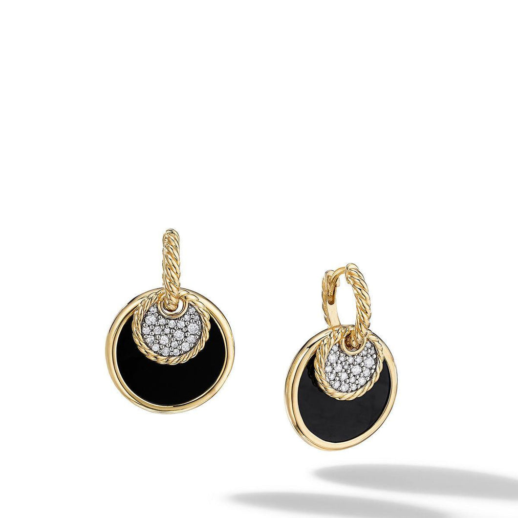 David Yurman DY Elements Drop Earrings in 18K Yellow Gold with Pave Diamonds and Black Onyx Reversible to Mother of Pearl