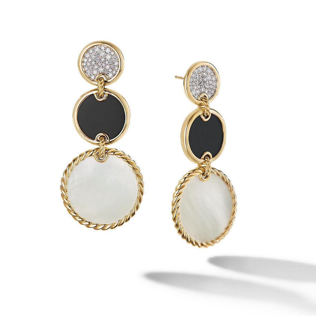 David Yurman DY Elements Triple Drop Earrings in 18K Yellow Gold with Mother of Pearl, Black Onyx and Pave Diamonds