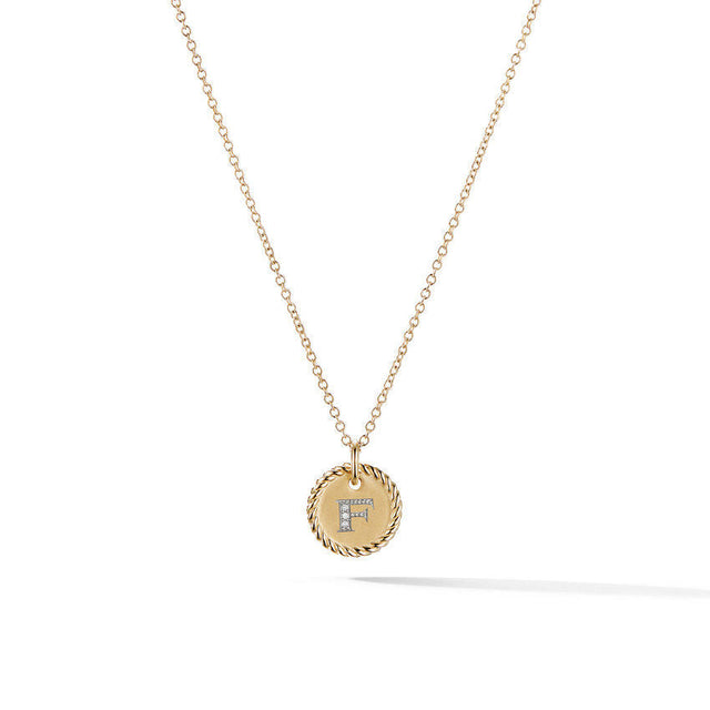 David Yurman F Initial Charm Necklace in 18K Yellow Gold with Pave Diamonds