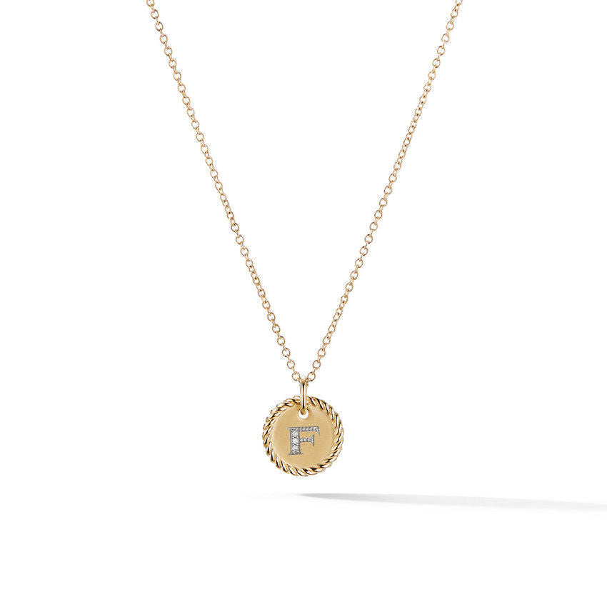 David Yurman F Initial Charm Necklace in 18K Yellow Gold with Pave Diamonds