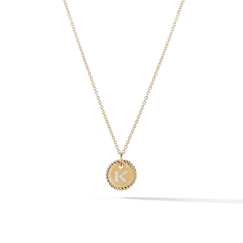 David Yurman K Initial Charm Necklace in 18K Yellow Gold with Pave Diamonds