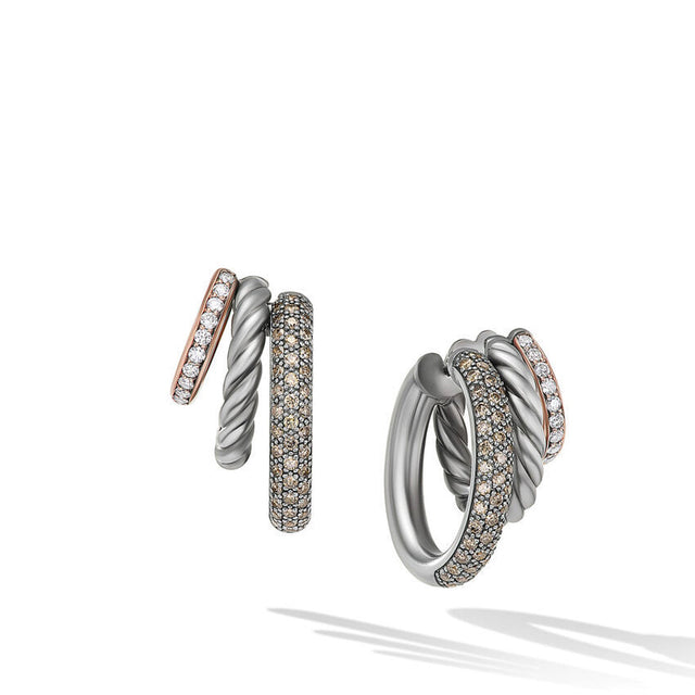David Yurman Mercer Melange Multi Hoop Earrings in Sterling Silver with 18K Rose Gold and Pave Diamonds