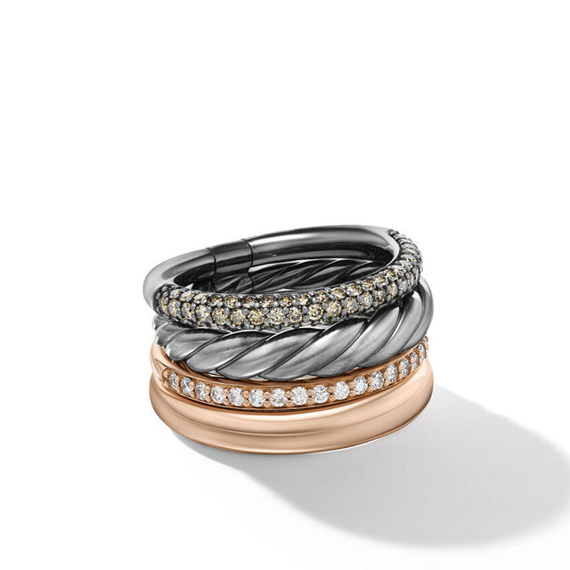 David Yurman Mercer Melange Multi Row Ring in Sterling Silver with 18K Rose Gold and Pave Diamonds | Size 7