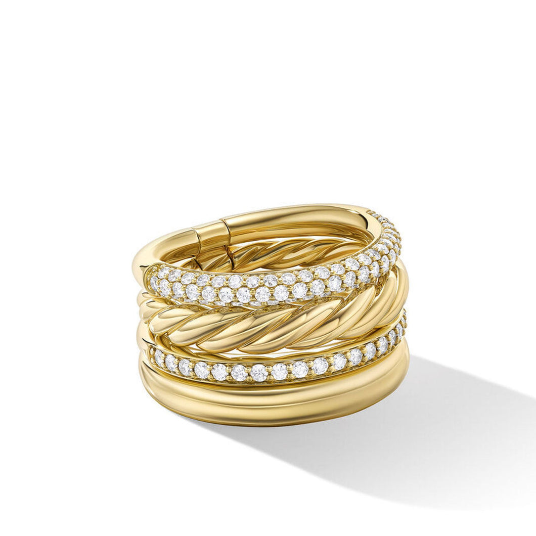 David Yurman Mercer Multi Row Ring in 18K Yellow Gold with Pave Diamonds | Size 7