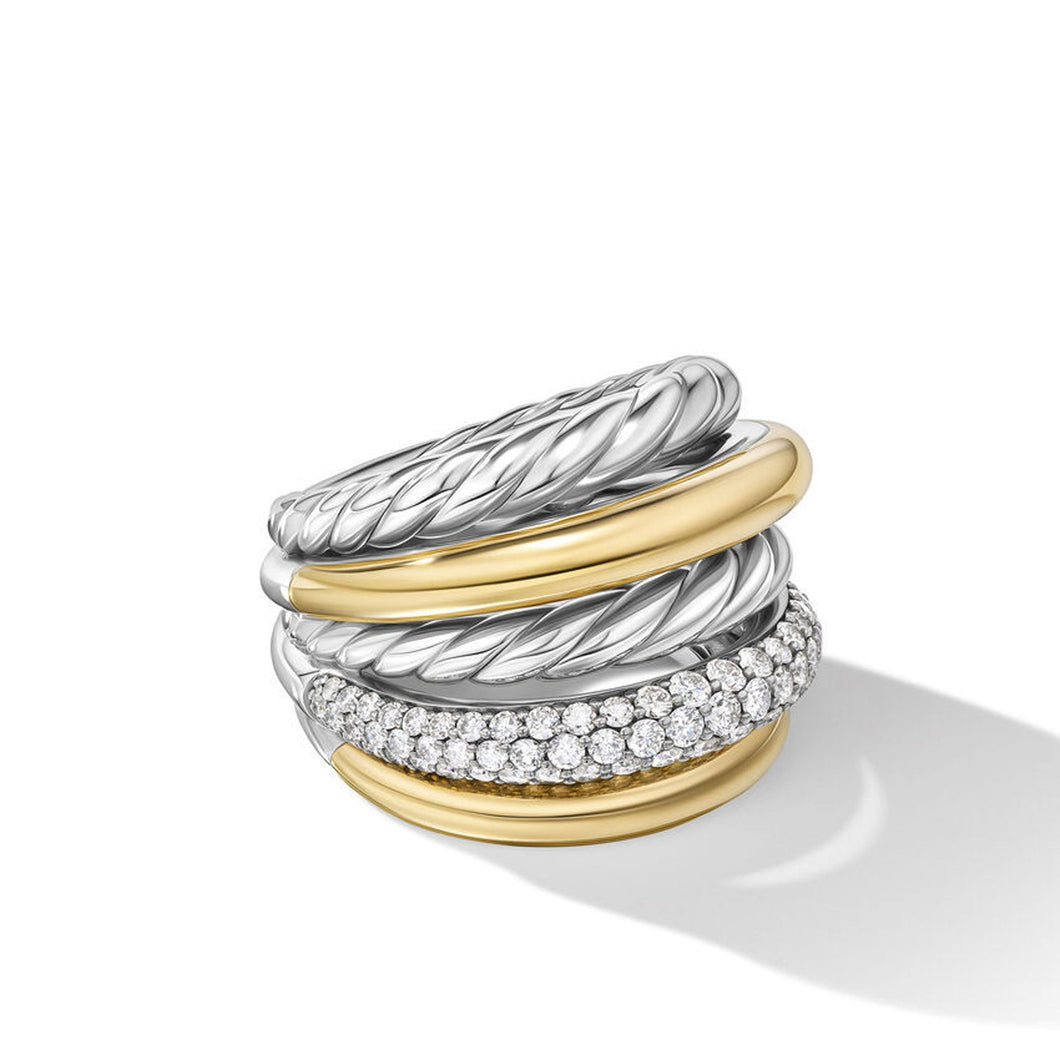 David Yurman Mercer Multi Row Ring in Sterling Silver with 18K Yellow Gold and Diamonds - Size 8