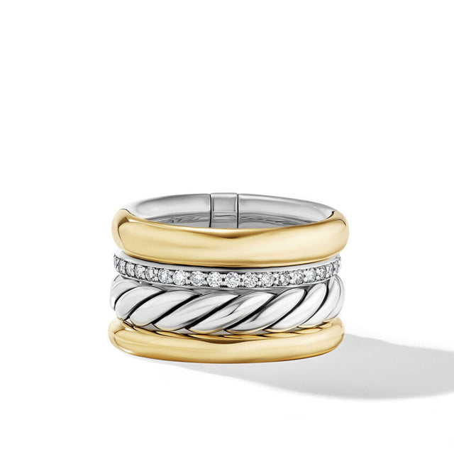 David Yurman Mercer Multi Row Ring in Sterling Silver with 18K Yellow Gold and Pave Diamonds | Size 6