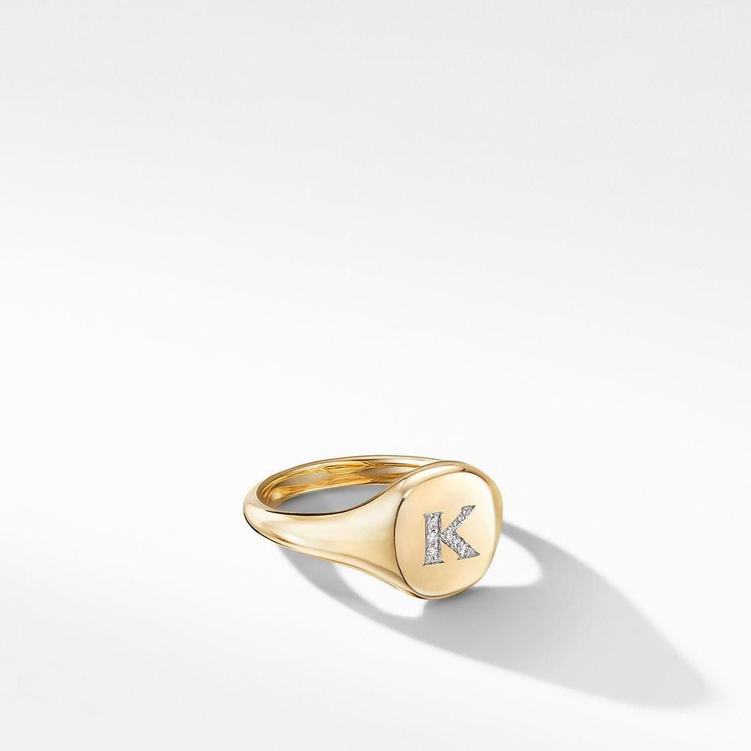 David Yurman Mini DY Initial Pinky Ring in 18K Yellow Gold with Diamonds - K - Size 3.5