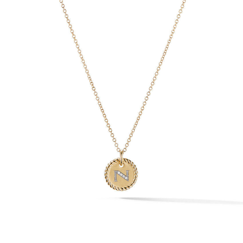 David Yurman N Initial Charm Necklace in 18K Yellow Gold with Pave Diamonds