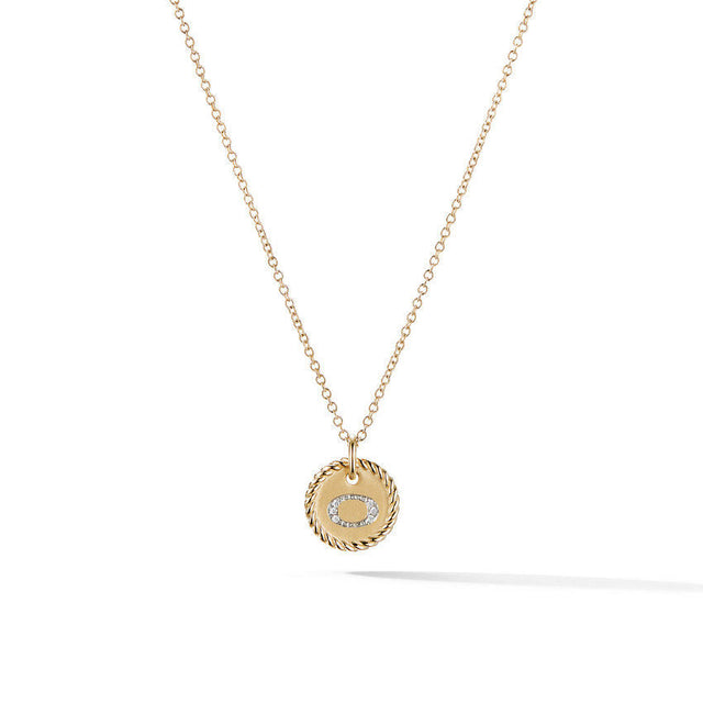 David Yurman O Initial Charm Necklace in 18K Yellow Gold with Pave Diamonds
