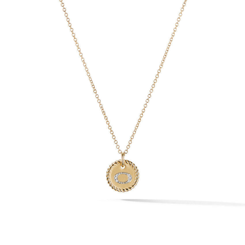David Yurman O Initial Charm Necklace in 18K Yellow Gold with Pave Diamonds