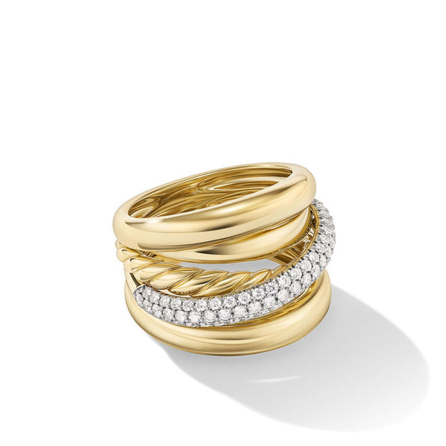 David Yurman Pave Crossover Five Row Ring in 18K Yellow Gold with Diamonds | Size 7
