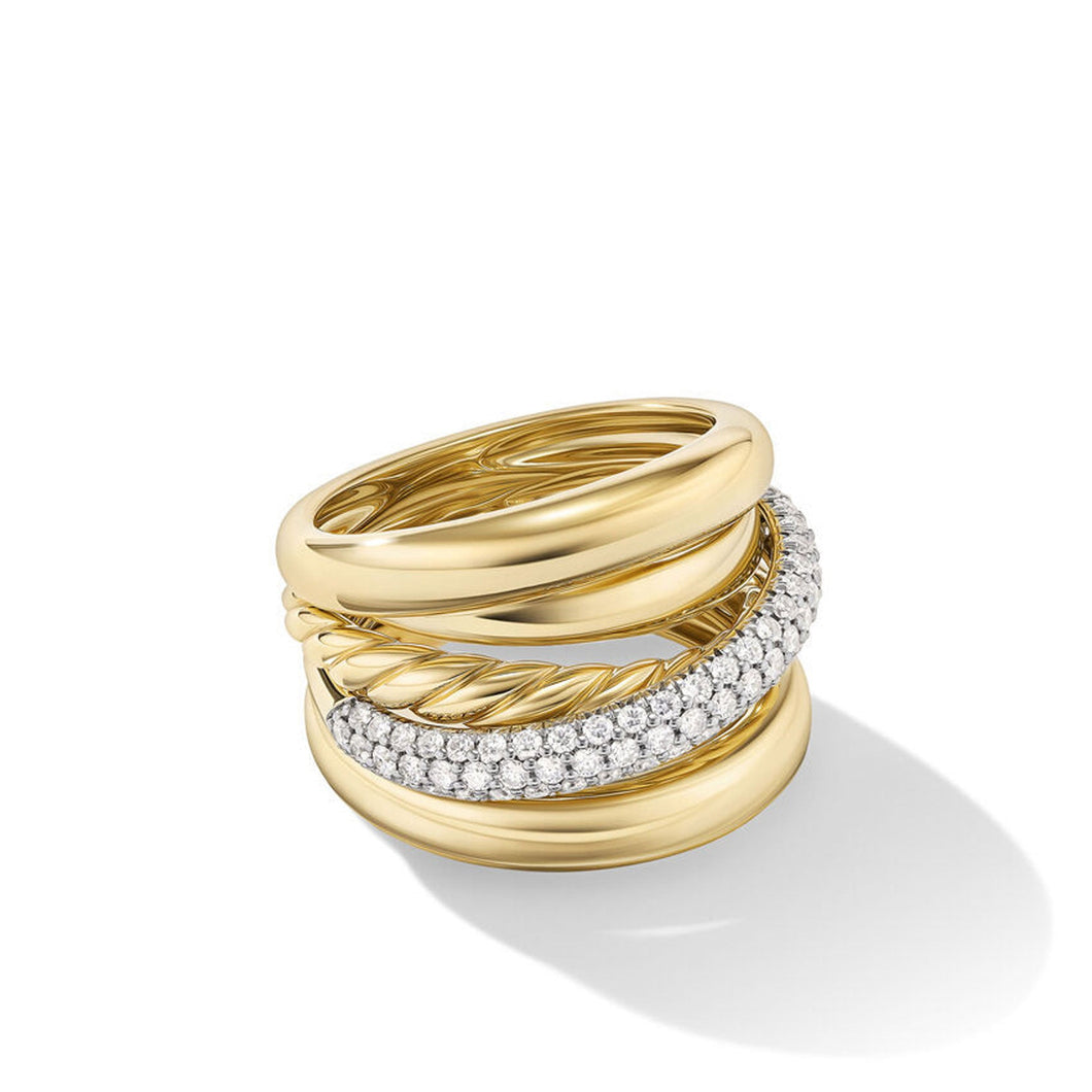 David Yurman Pave Crossover Five Row Ring in 18K Yellow Gold with Diamonds | Size 7