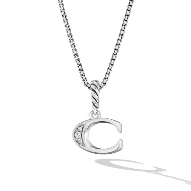 David Yurman Pave Initial Pendant Necklace in Sterling Silver with Diamond C