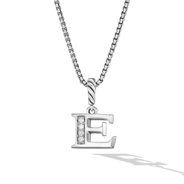 David Yurman Pave Initial Pendant Necklace in Sterling Silver with Diamond E
