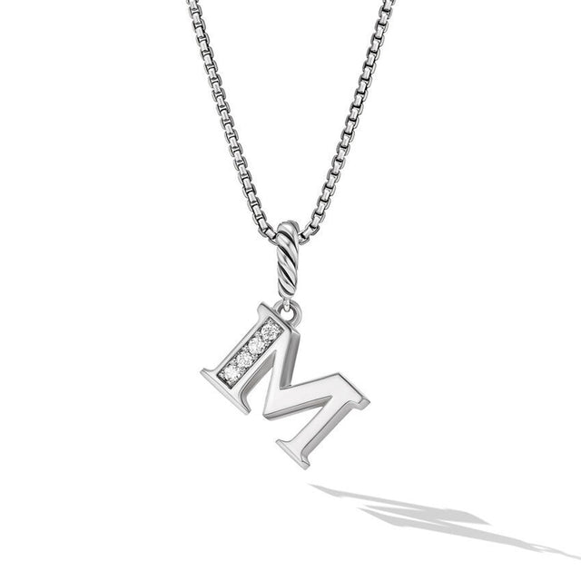 David Yurman Pave Initial Pendant Necklace in Sterling Silver with Diamond M