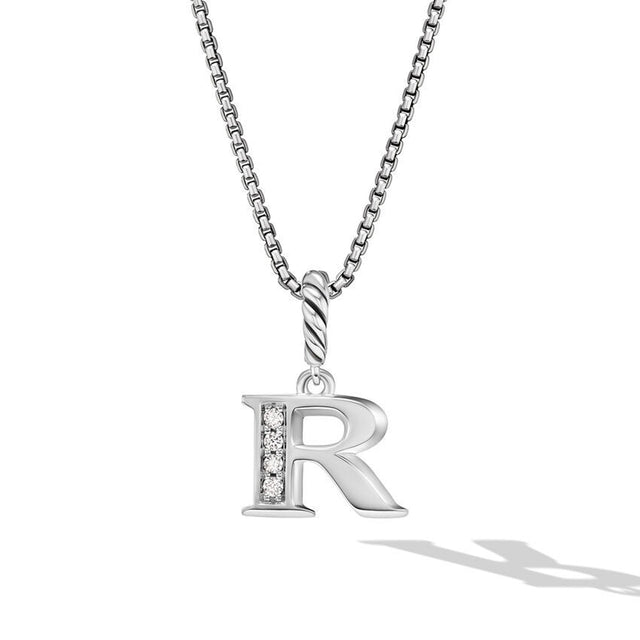 David Yurman Pave Initial Pendant Necklace in Sterling Silver with Diamond R