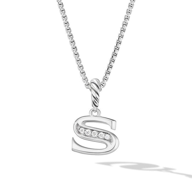 David Yurman Pave Initial Pendant Necklace in Sterling Silver with Diamond S