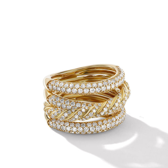 David Yurman Pave flex Four Row Ring in 18K Yellow Gold with Diamonds - Size 7