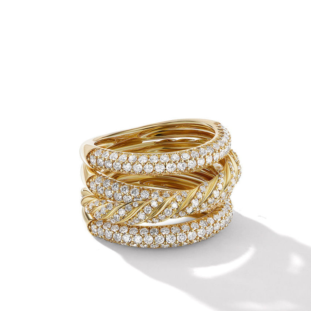 David Yurman Pave flex Four Row Ring in 18K Yellow Gold with Diamonds - Size 7