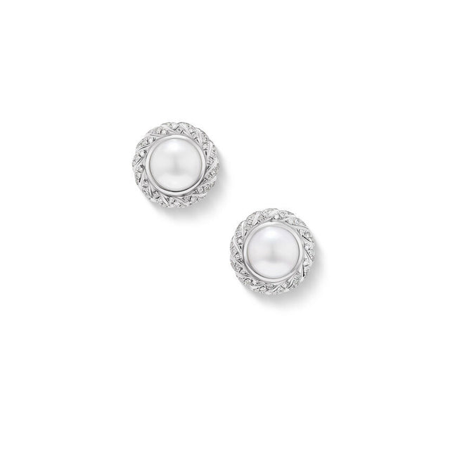 David Yurman Pearl Classics Cable Halo Button Earrings in Sterling Silver with Diamonds 13mm