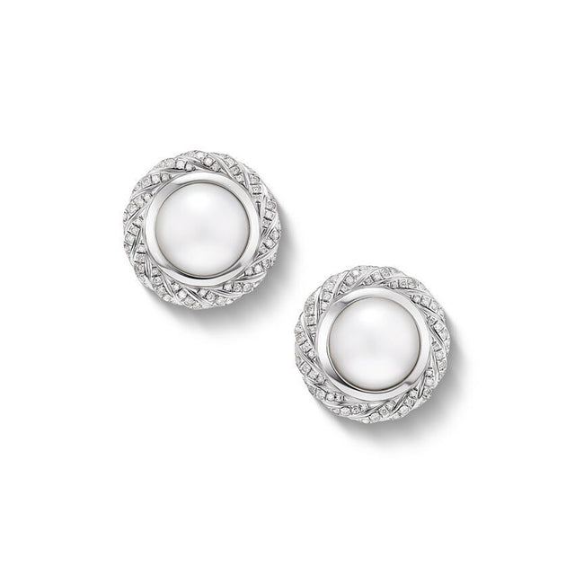 David Yurman Pearl Classics Cable Halo Button Earrings in Sterling Silver with Diamonds 18.8mm