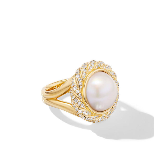 David Yurman Pearl Classics Cable Halo Ring in 18K Yellow Gold with Diamonds 21mm - Size 7