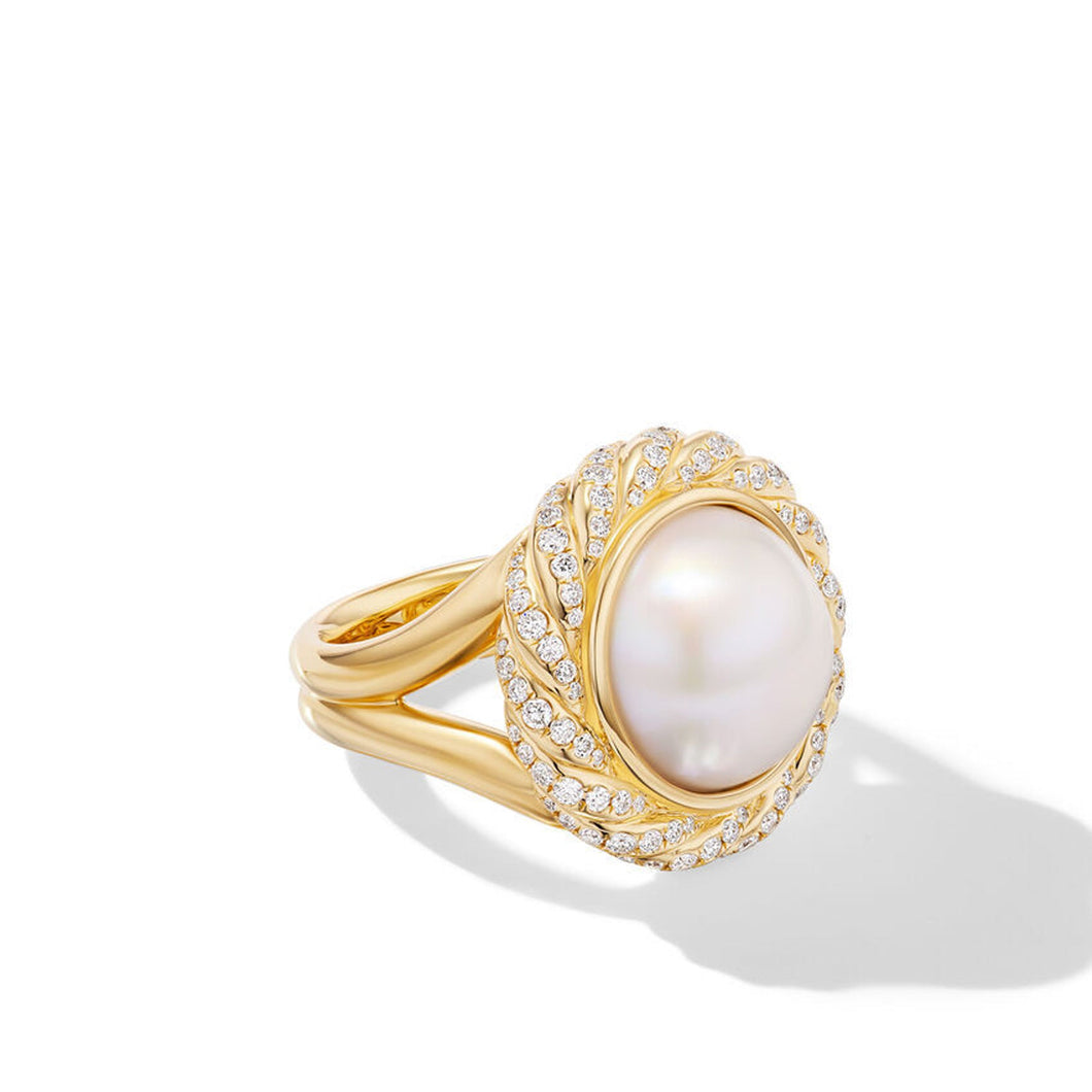 David Yurman Pearl Classics Cable Halo Ring in 18K Yellow Gold with Diamonds 21mm - Size 7