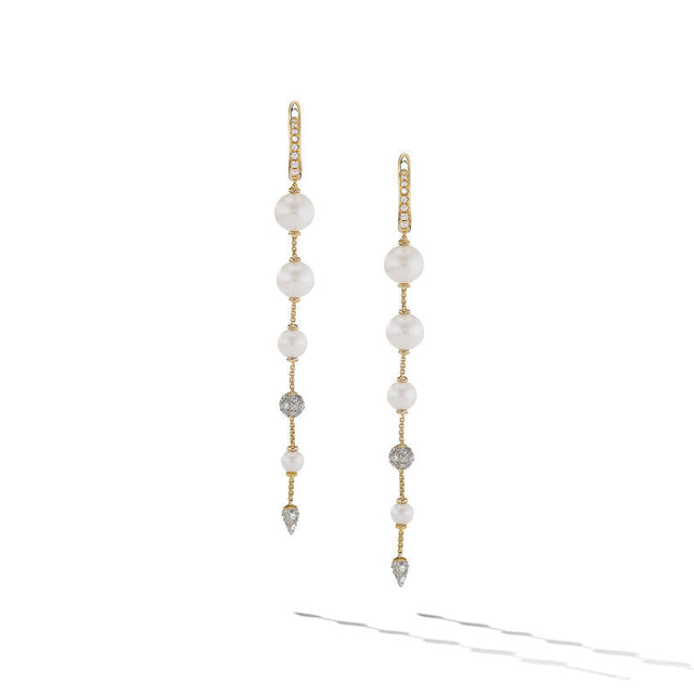 David Yurman Pearl and Pave Drop Earrings in 18K Yellow Gold with Diamonds
