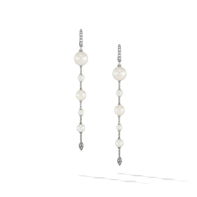 David Yurman Pearl and Pave Drop Earrings in Sterling Silver with Pearls and Diamonds 3.45in