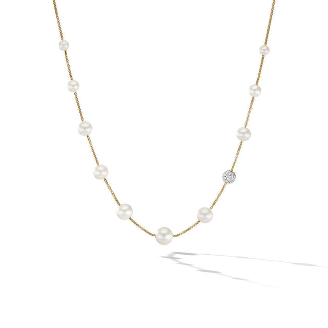 David Yurman Pearl and Pave Station Necklace in 18K Yellow Gold with Diamonds