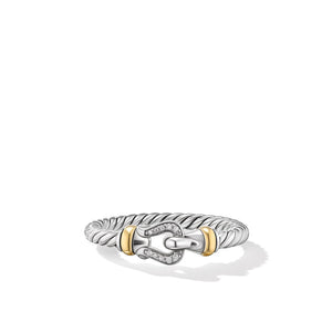 David Yurman Petite Buckle Sterling Silver with 18K Yellow Gold and Diamonds 2mm Ring - Size 5