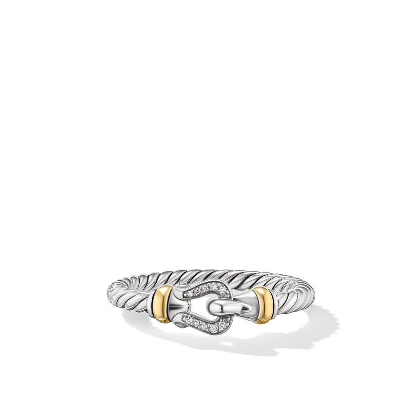 David Yurman Petite Buckle Sterling Silver with 18K Yellow Gold and Diamonds 2mm Ring - Size 5