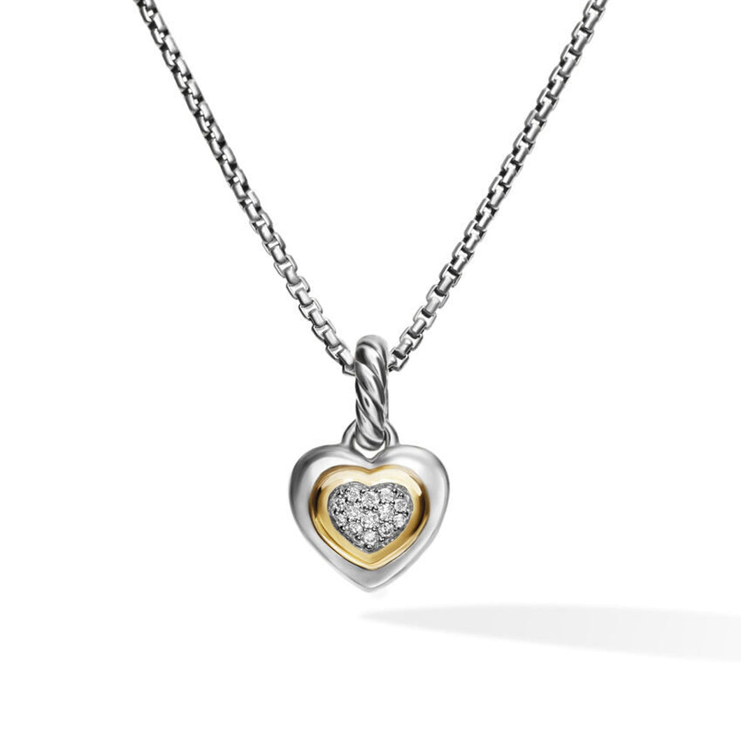 David Yurman Petite Cable Heart Pendant Necklace in Sterling Silver with 14K Yellow Gold and Diamonds 17.1mm