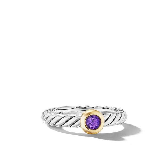David Yurman Petite Cable Sterling Silver with 14K Yellow Gold and Amethyst 2.8mm Ring - Size 6