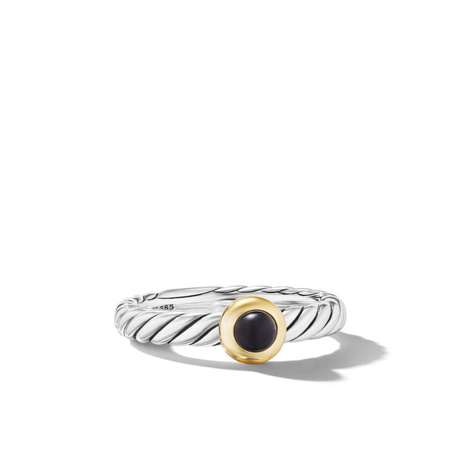 David Yurman Petite Cable Sterling Silver with 14K Yellow Gold and Black Onyx 2.8mm Ring - Size 6