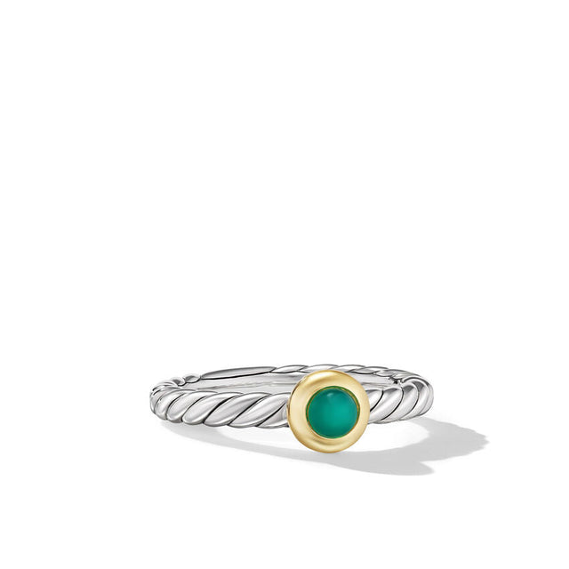 David Yurman Petite Cable Sterling Silver with 14K Yellow Gold and Green Onyx 2.8mm Ring - Size 7