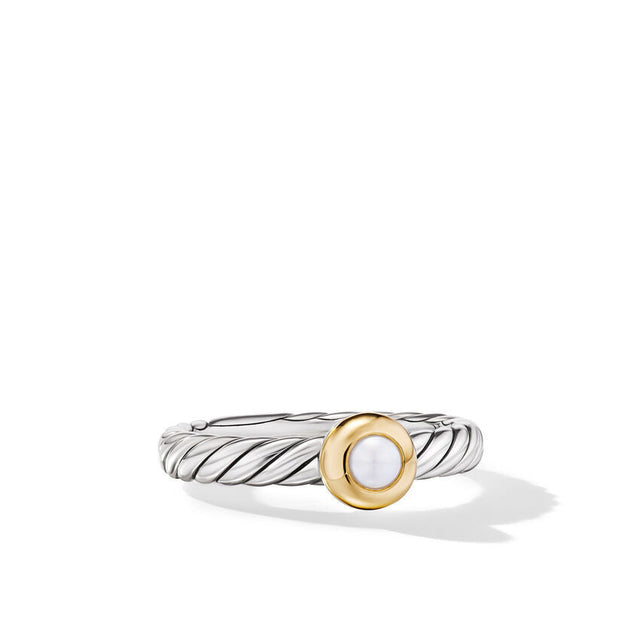 David Yurman Petite Cable Sterling Silver with 14K Yellow Gold and Pearl 2.8mm Ring - Size 6