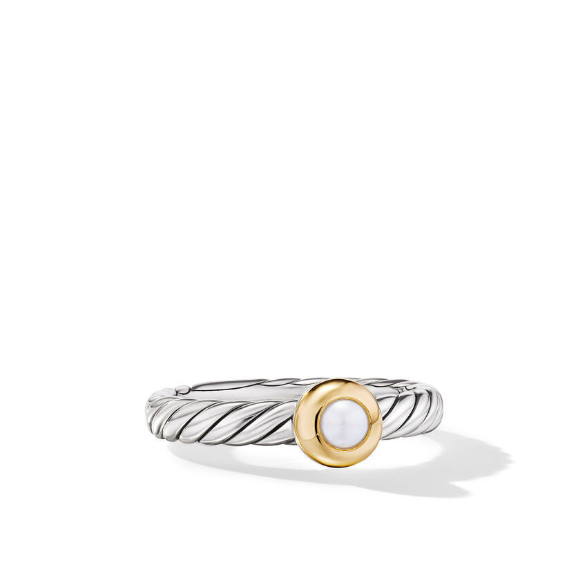 David Yurman Petite Cable Sterling Silver with 14K Yellow Gold and Pearl 2.8mm Ring - Size 6