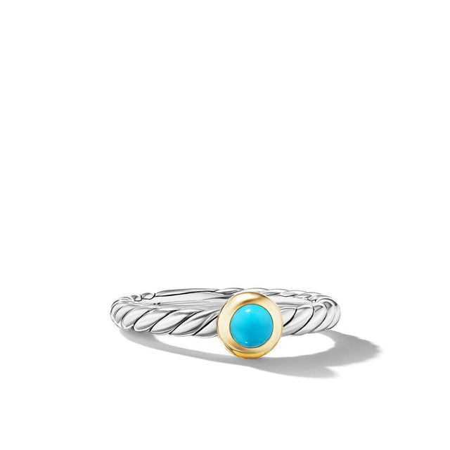 David Yurman Petite Cable Sterling Silver with 14K Yellow Gold and Turquoise 2.8mm Ring - Size 7