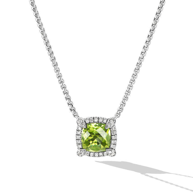 David Yurman Petite Chatelaine Pave Bezel Pendant Necklace in Sterling Silver with Peridot and Diamonds, 7mm