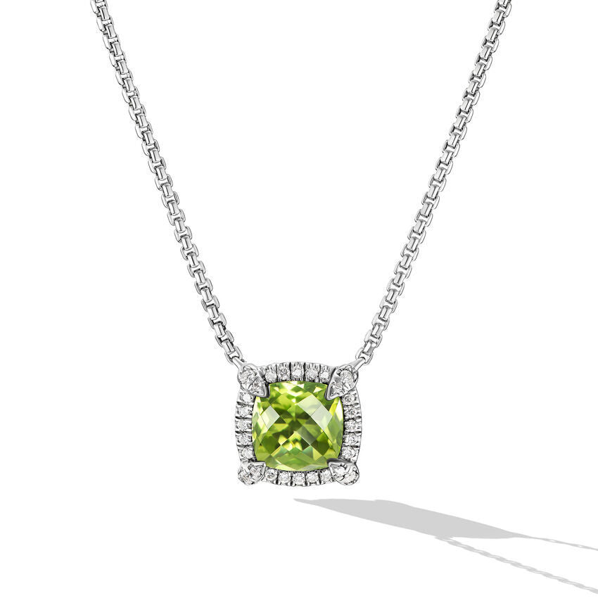 David Yurman Petite Chatelaine Pave Bezel Pendant Necklace in Sterling Silver with Peridot and Diamonds, 7mm