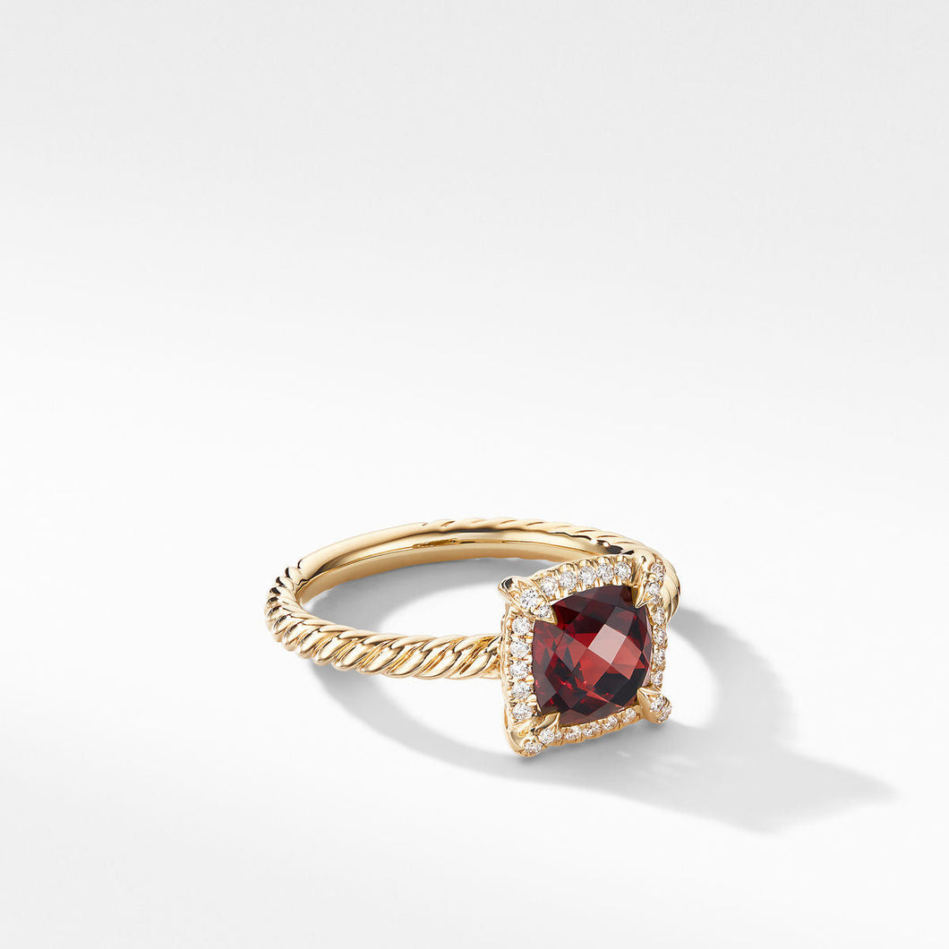David Yurman Petite Chatelaine Pave Bezel Ring in 18K Yellow Gold with Garnet and Diamonds - Size 6.5