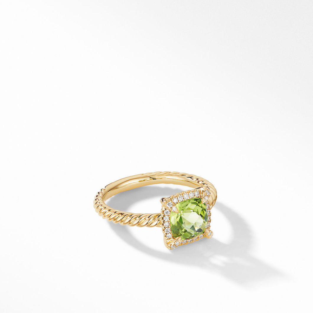 David Yurman Petite Chatelaine Pave Bezel Ring in 18K Yellow Gold with Peridot and Diamonds - Size 5