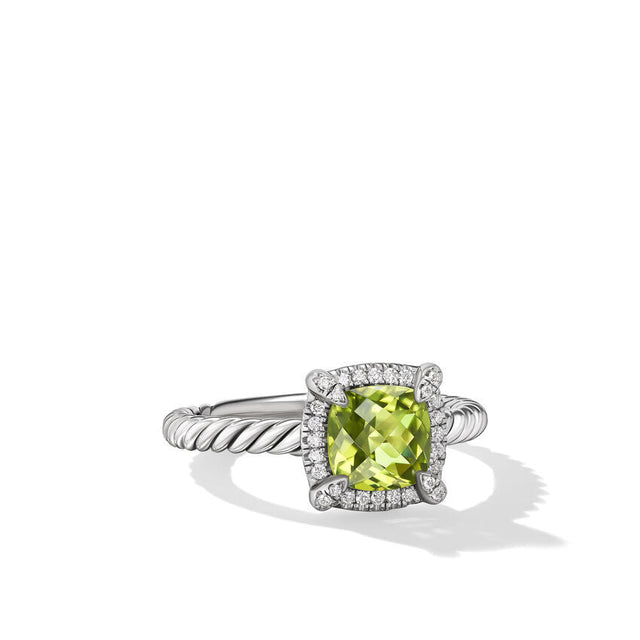 David Yurman Petite Chatelaine Pave Bezel Sterling Silver with Peridot and Diamonds 7mm Ring - Size 6