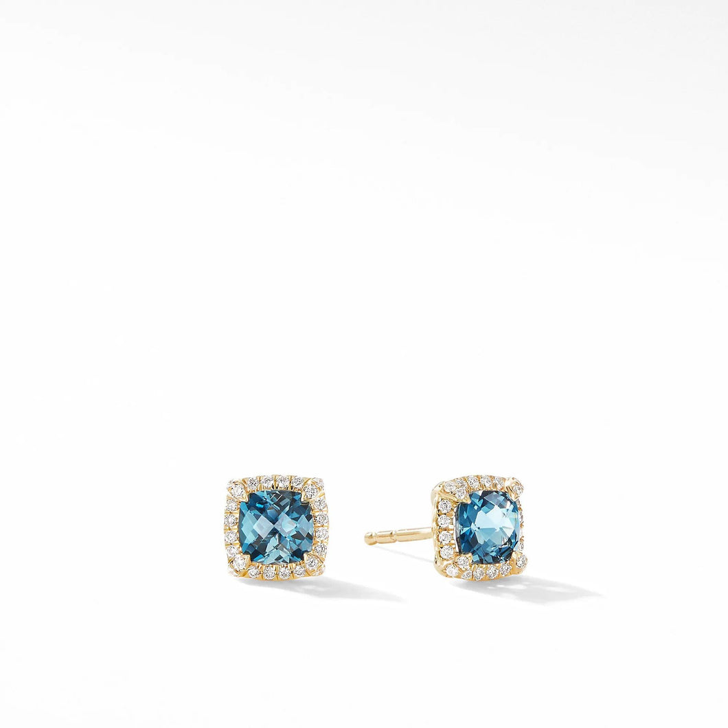 David Yurman Petite Chatelaine Pave Bezel Stud Earrings in 18k Yellow Gold with Hampton Blue Topaz