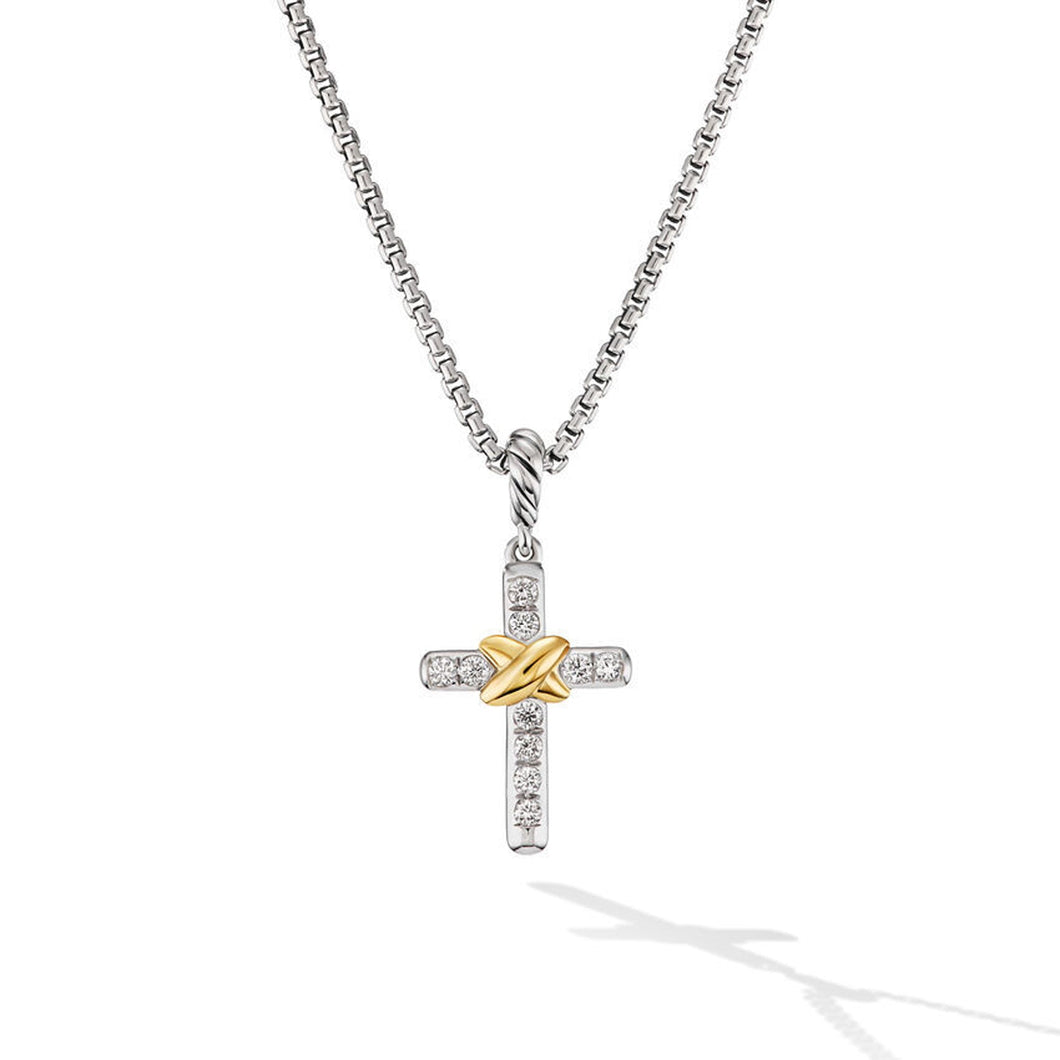 David Yurman Petite Cross Necklace in Sterling Silver with 18K Yellow Gold with Diamonds 20.8mm