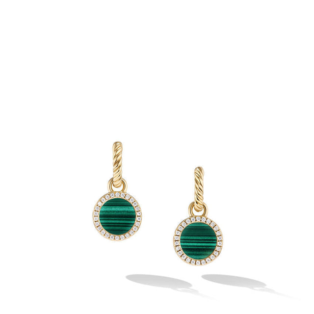 David Yurman Petite DY Elements Drop Earrings in 18K Yellow Gold with Malachite and Pave Diamonds