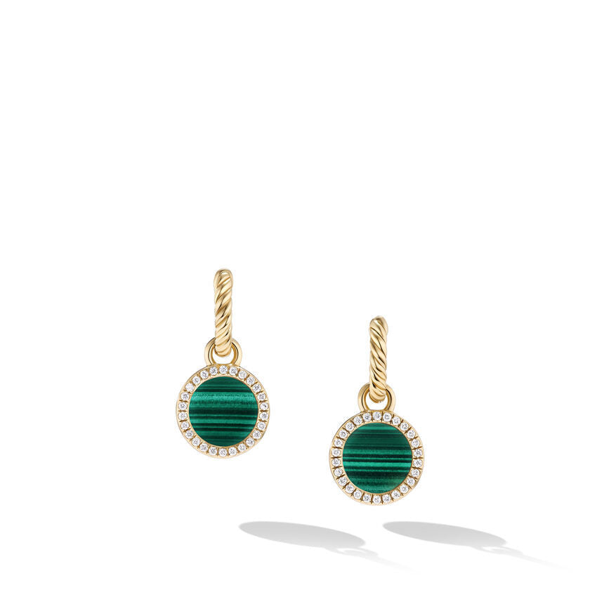 David Yurman Petite DY Elements Drop Earrings in 18K Yellow Gold with Malachite and Pave Diamonds