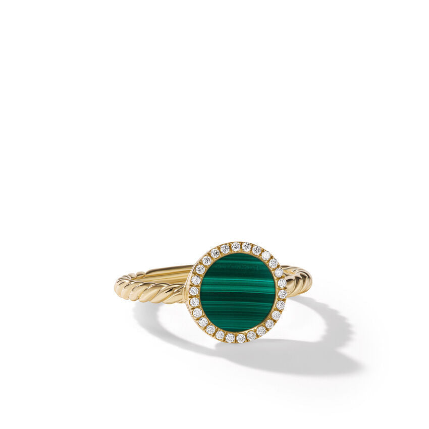 David Yurman Petite DY Elements Ring in 18K Yellow Gold with Malachite and Pave Diamonds | Size 6